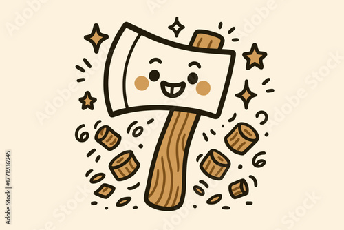 Happy Axe Doodle. Adorable doodle vector design of a happy axe character grinning while surrounded by doodle wood chips, sparkles,