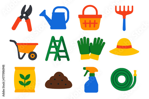 Citrus Orchard Icons. Flat vector icons of Citrus Orchard Tools: pruning shears, watering can, basket, rake, wheelbarrow, ladder,