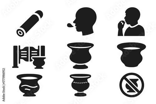 Brass Saloon Spittoons. Solid style icons of Brass Saloon Spittoon: Tobacco, Aim, Chewing, Saloon, Rim, Pedestal, Liquid, Antique,