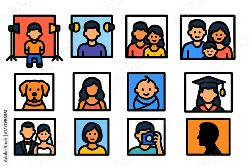 Flat Photography Icons. Flat vector icons of portrait photography: person in studio, headshot with lighting, couple portrait,