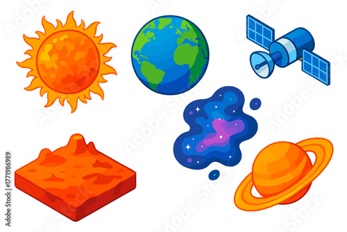 Galactic View Icons. Isometric vector illustration set Galactic View: solar sun, earth with continents, mars landscape, saturn