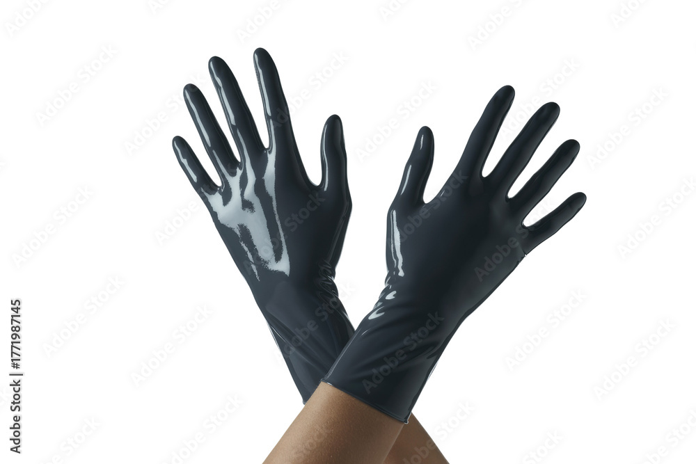 Obraz premium Sleek, shiny dark gray latex gloves worn by crossed hands. Glossy texture reflects light, set against a solid transparent background. background removed