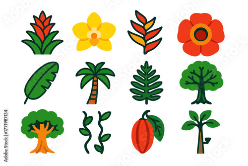 Rainforest Plant Icons. Flat vector icons of rainforest plants: bromeliad flower, orchid blossom, heliconia flower, rafflesia