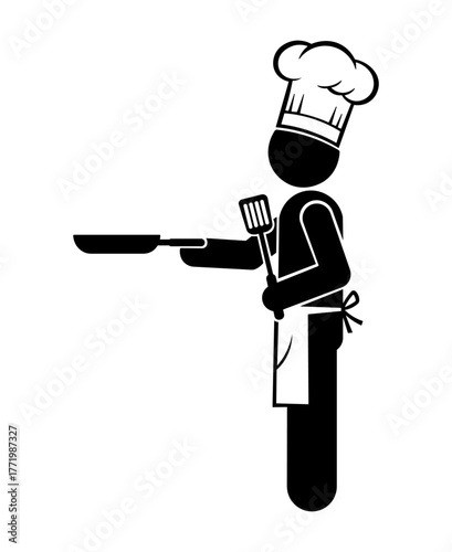Stickman chef wearing apron holding frying pan and spatula illustration.