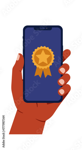 An engaging graphic showing a hand holding a smartphone with a gold medal on its display, representing digital accomplishment and rewarding screen time.