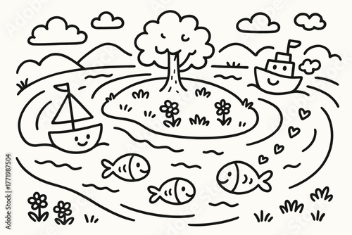 Whimsical River Play. A doodle scene of a river flowing widdershins around an island, with smiling fish, playful boats, and tiny