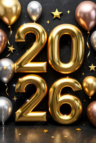 3d render of a gold sign with a symbol of the starsGolden 2026 Balloon Celebration with Metallic Balloons and Sparkling Stars