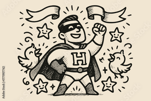 Heroic Eidolon Celebration. A doodle illustration of an idealized hero-shaped eidolon, surrounded by joyful banners, giggling