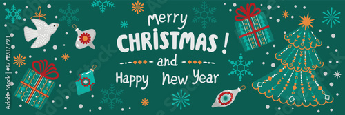 Christmas horizontal banner with hand written congratulation, wrapped gifts, snowflakes, bird, fir tree. Cartoon objects decorated with folk ornaments. Festive vector design for winter holidays.