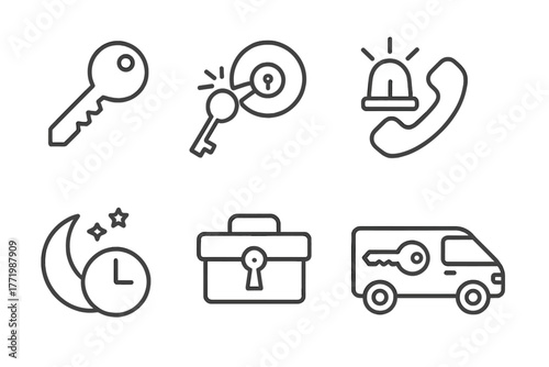 Locksmith Emergency Icons. Line style icons of locksmith emergency: broken key, jammed lock, emergency call, toolbox, night
