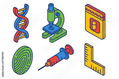 Forensic Icon Set. Isometric vector illustration set Forensic Icons: stylized DNA, digital microscope, zipped evidence bag,