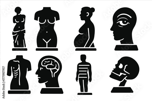 Wax Figure Icons. Solid style icons of wax figure variations: Standing Venus, Torso Only, Pregnant Form, Eyelid Cutaway,