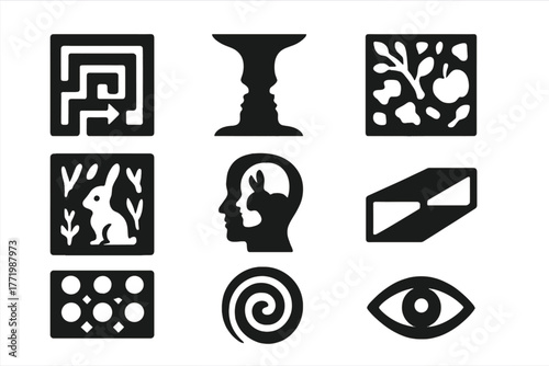 Visual Puzzle Icons. Solid style icons of Visual Puzzles: Maze, Ambiguous Shape, Hidden Object, Shadow, Perspective, Pattern,