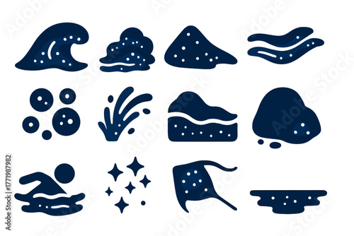 Glow of Phosphorescent Tide. Solid style icons of Phosphorescent tide: glowing wave crest, foamy surf, luminous sand, light trail