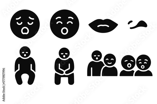 Yawning Emotional Icons. Solid style icons of emotional yawning cues: Sympathy Face, Friendly Glance, Sighing Mouth, Subtle Smile,