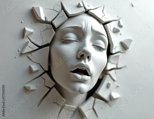 White sculpted female face emerges from cracked flat surface with open mouth, closed eyes. Face appears to screaming shouting expressing emotional distress pain breaking free. Monochrome studio shot