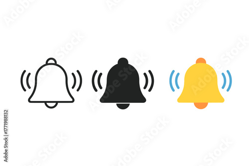 Minimalist Bell Trio. Minimalist bell ringing icon: three identical bells with small vibration lines on each side in a row, first