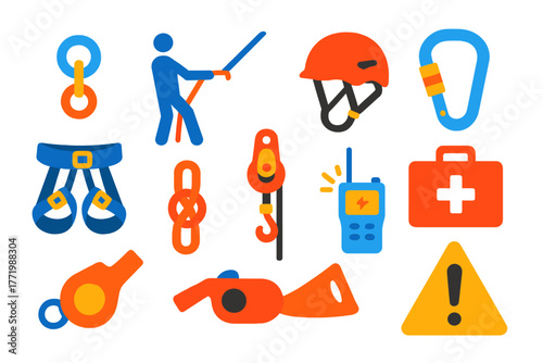 Climbing Safety Icons. Flat vector icons of climbing safety: rope anchor, belayer stance, helmet protection, carabiner gate lock,