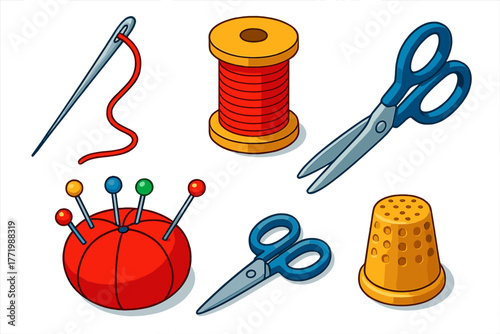 Sewing Tools Icons. Isometric vector illustration set Sewing Tools: sharp needle, red thread, wooden spool, metal scissors,