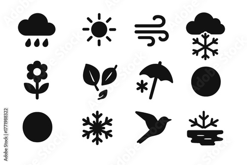 Seasonal Icons Collection. Solid style icons of seasonal weather: spring rain, summer sun, autumn wind, winter snow, blooming