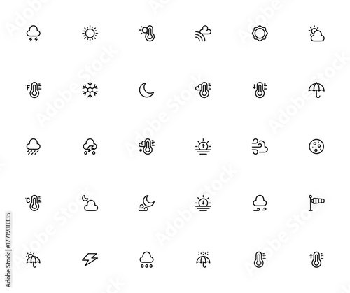 Weather icon set. Minimalist vector illustrations. Fatures symbols for sun, clud, rain, storm, wind, themometer, moon, rainbow andmore. Editable stroke.