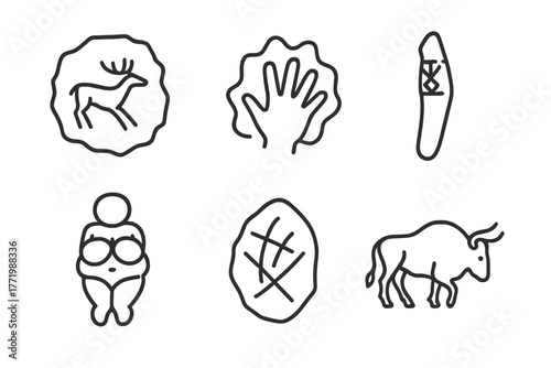 Ice Age Iconography. Line style icons of Ice Age art: cave painting, hand stencil, carved bone tool, figurine, engraved stone,
