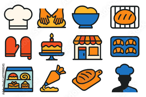 Baking Icons Collection. Flat vector icons of baking scenes: baker hat, hands kneading dough, dough rising in bowl, bread cooling