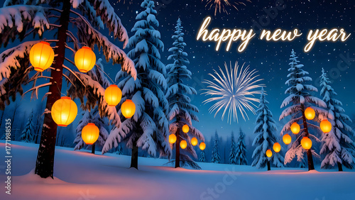 Christmas Tree In The Snow, Happy New Year Snowy Forest Landscape with Glowing Lanterns and Bursting Fireworks