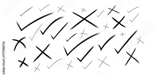 Hand Drawn Vector Check Mark and Crosses Doodle Set, Sketchy Tick and X Signs, Grunge Texture Design Elements, Right and Wrong or Approved and Rejected Symbols