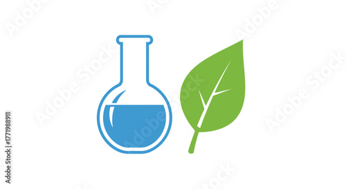 Erlenmeyer flask with a green leaf representing biology and nature silhouette