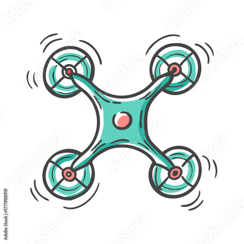 Vector illustration of a flying quadcopter drone with spinning rotors scalable