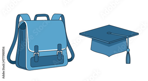 School supplies featuring a backpack and graduation cap silhouette