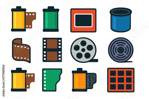 Colorful Film Icons. Flat vector icons of film rolls: 35mm film roll, medium format roll, slide film, film canister, unrolled film