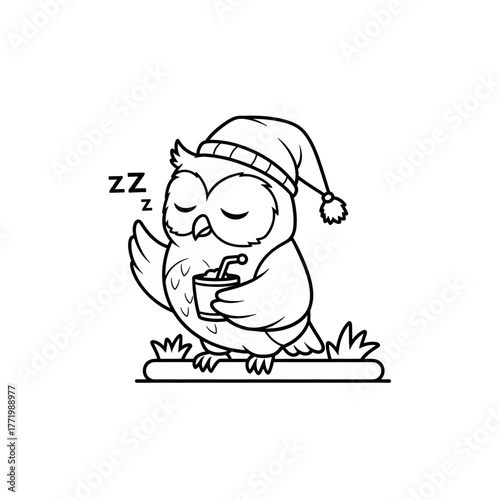 A cute cartoon owl wearing a nightcap, sleeping, and holding a drink.