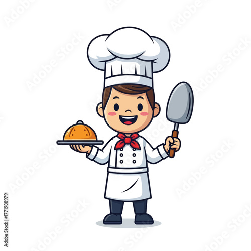 Cartoon chef holding a covered dish and spatula, smiling.