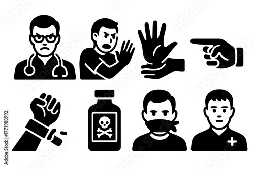 Aggressive Medical Icons. Solid style icons of aggressive medical practice: Doctor’s Glare, Resisted Patient, Harsh Hands,