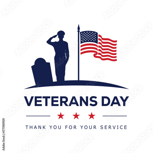 Veterans Day graphic featuring a soldier silhouette saluting over a US flag with a red banner text: VETERANS DAY. A patriotic vector design for honoring military service and American heroes.