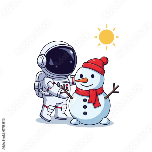Cute cartoon astronaut in a spacesuit building a happy snowman with a red hat and scarf under the sun.