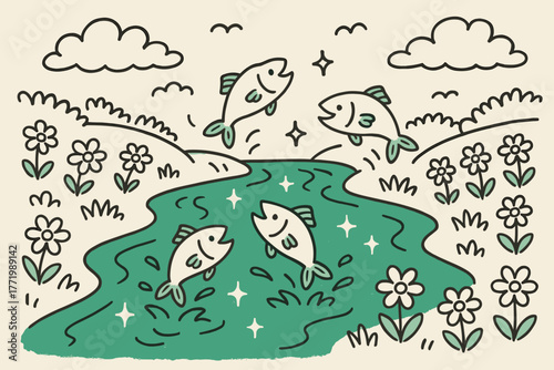 Smaragdine River Serenade. A doodle scene of a smaragdine-colored river flowing happily, with cheerful fish leaping out and