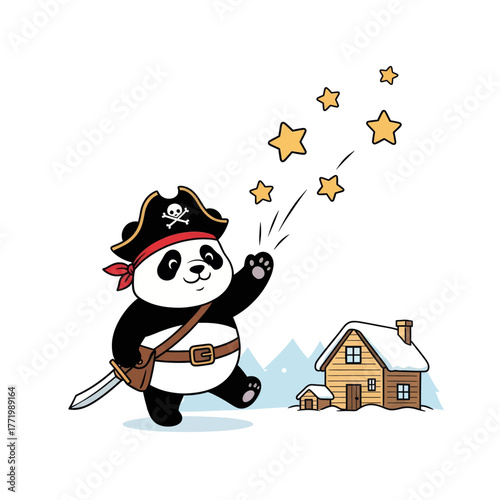 A cute cartoon panda dressed as a pirate conjures magic stars in a snowy winter landscape.