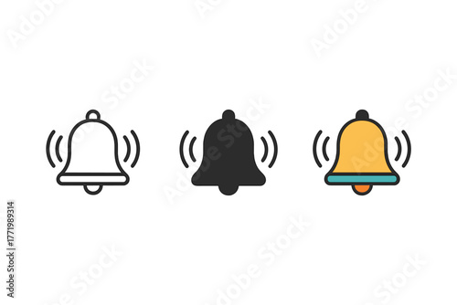 Minimalist Bell Trio. Minimalist bell ringing icon: three identical bells with small vibration lines on each side in a row, first