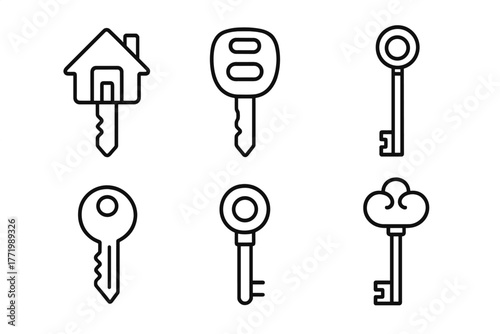 Variety of Keys. Line style icons of key types: house key, car key, skeleton key, master key, tubular key, antique key. No text,