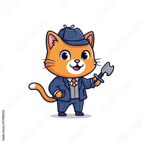 Cartoon orange cat detective in suit holding axe.