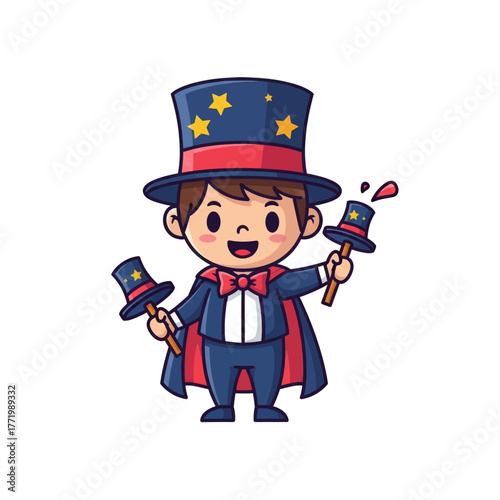 A cute cartoon boy dressed as a magician in a top hat and cape, performing a trick with two wands.