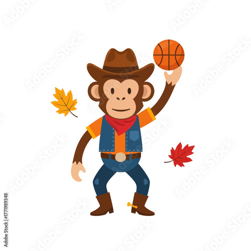A cute cartoon monkey dressed in a cowboy outfit holds a basketball while autumn leaves fall around it.