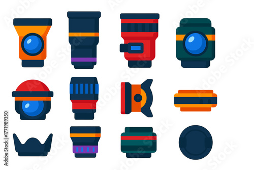 Colorful Camera Lens Icons. Flat vector icons of camera lenses: wide-angle lens, telephoto lens, zoom lens, prime lens, fisheye