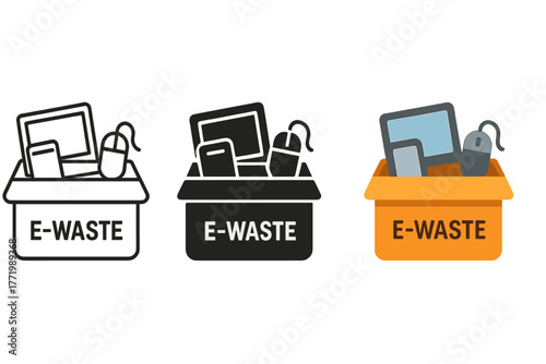 Three boxes with different colored boxes and the word e-waste written on them