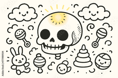 Glowing Baby Skull. A doodle scene of a baby skull with a soft glowing bregma, surrounded by smiling clouds, tiny rattles, and