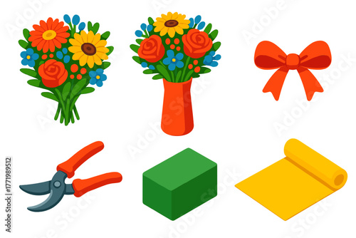 Colorful Floral Arrangement. Isometric vector illustration set Floral Arrangement: mixed bouquet, tall vase, tied ribbon, pruning
