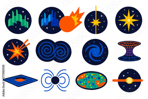 Cosmic Phenomena Icons. Flat vector icons of cosmic phenomena: aurora borealis, aurora australis, solar flare burst, gamma ray